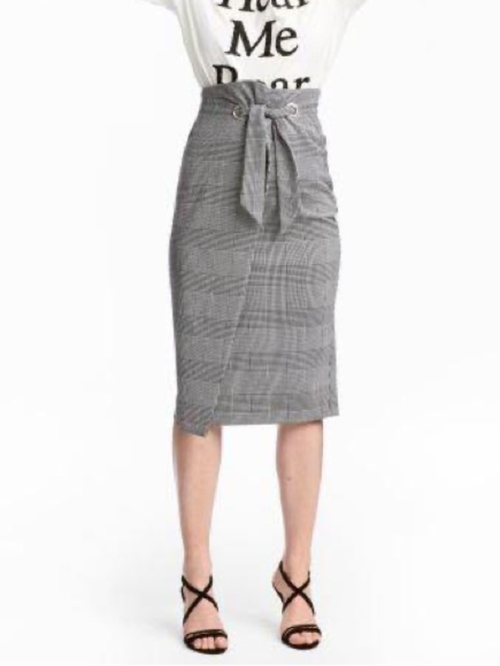 H&M Houndstooth High-Waist Plaid Tie-Belt Wrap Midi Pencil Skirt
